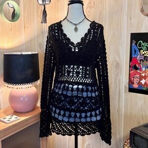 Vintage Womens XLarge Joe Boxer Black Crochet Knit Sheer Pullover Sweater Dress